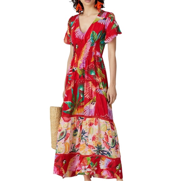 HP 🥳 Farm Rio x Anthropologie XS 0/2 Macaw Red Yellow Floral Tropical Maxi Dress - Picture 9 of 11